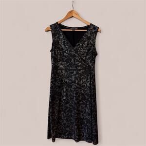 Connected Apparel Black Metallic Jacquard Fit & Flare Dress 10 p Sleeveless